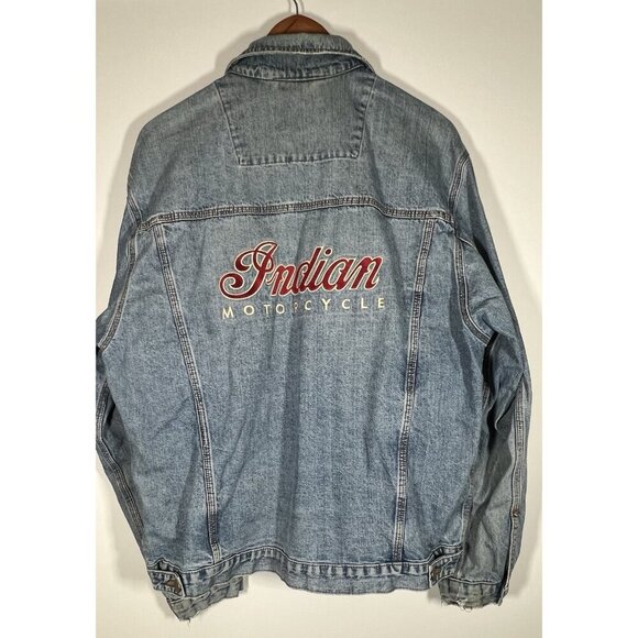 Vintage Indian Motorcycle oversized biker denim jacket embroidered sz L patches - Picture 3 of 16